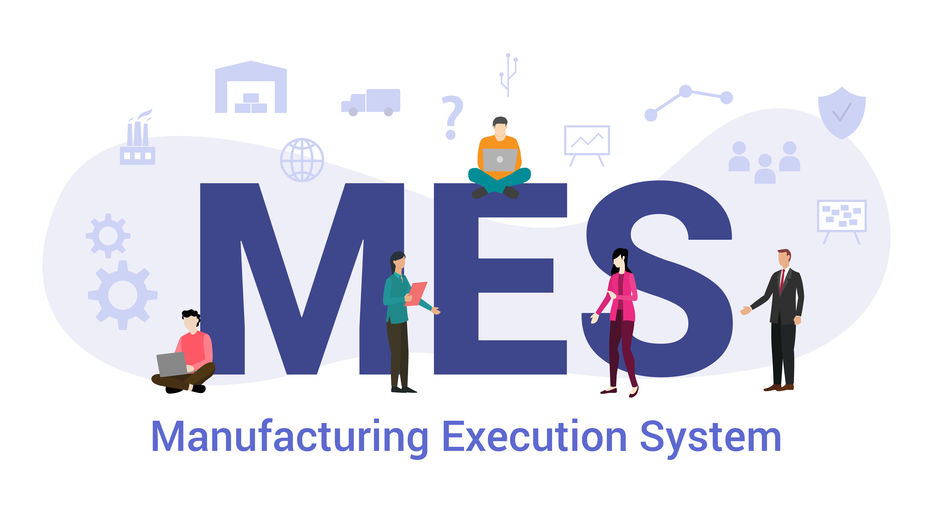 mes manufacturing execution system concept with big word or text and team people with modern flat style – vector